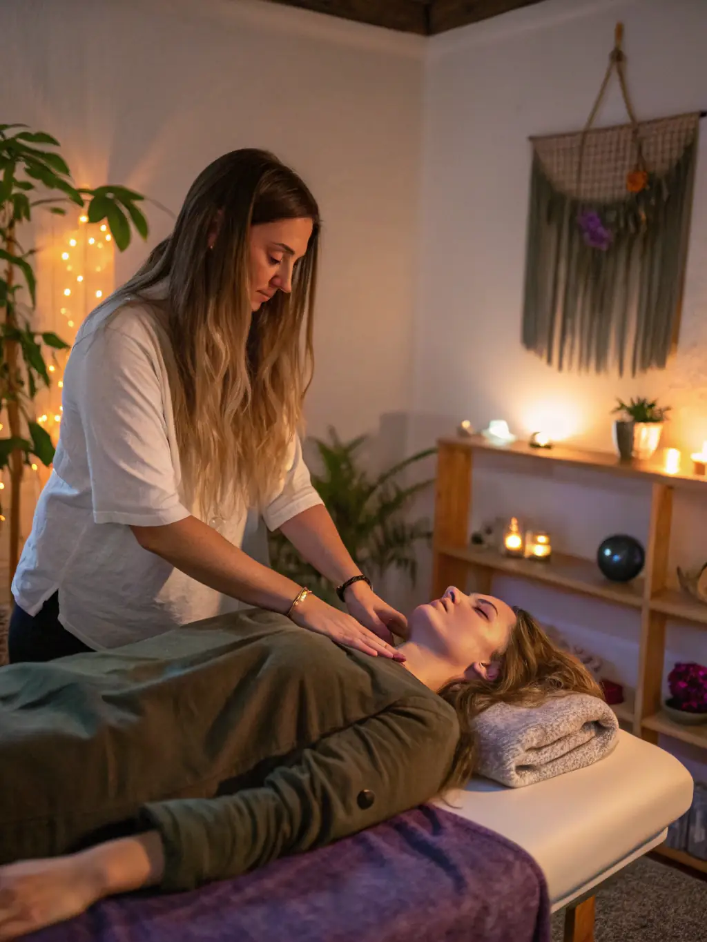 A practitioner performing energy healing with gentle hand movements over a client in a peaceful room, depicting the Energy Healing Rituals at Therael.