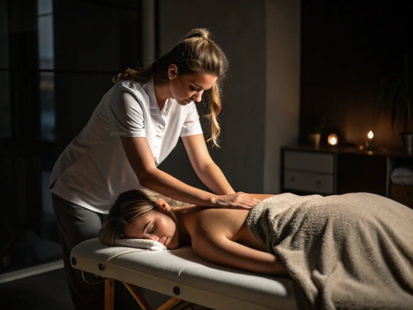 A focused image of a massage therapist using deep tissue techniques on a client's back, highlighting the pressure points and muscle engagement.