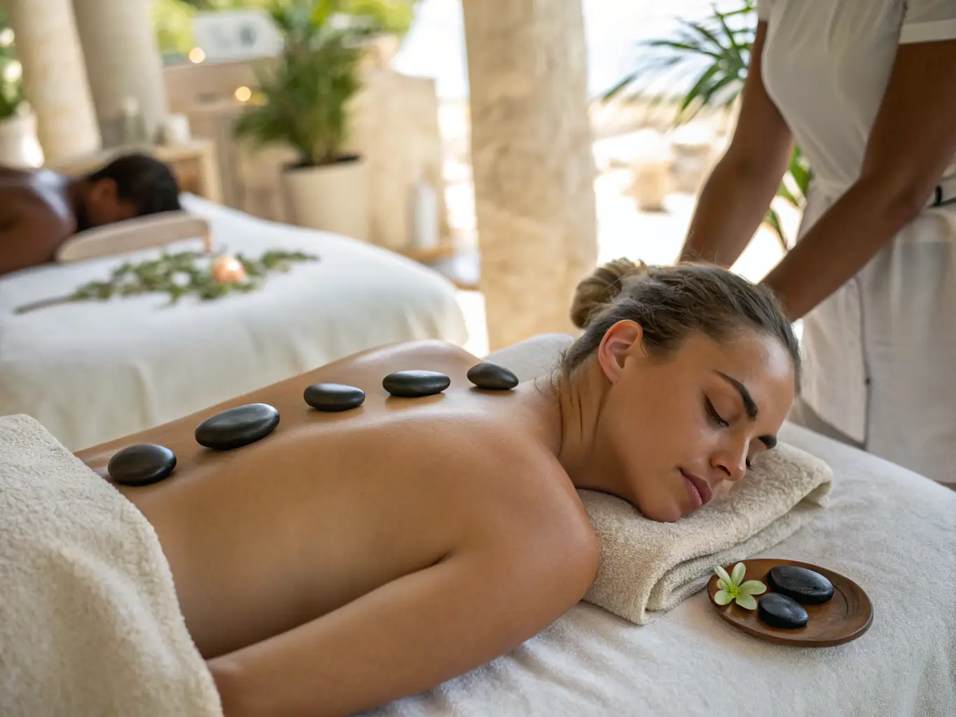 An inviting image of a hot stone massage session, showcasing the smooth, heated stones placed on the client's back, creating a sense of warmth and relaxation.
