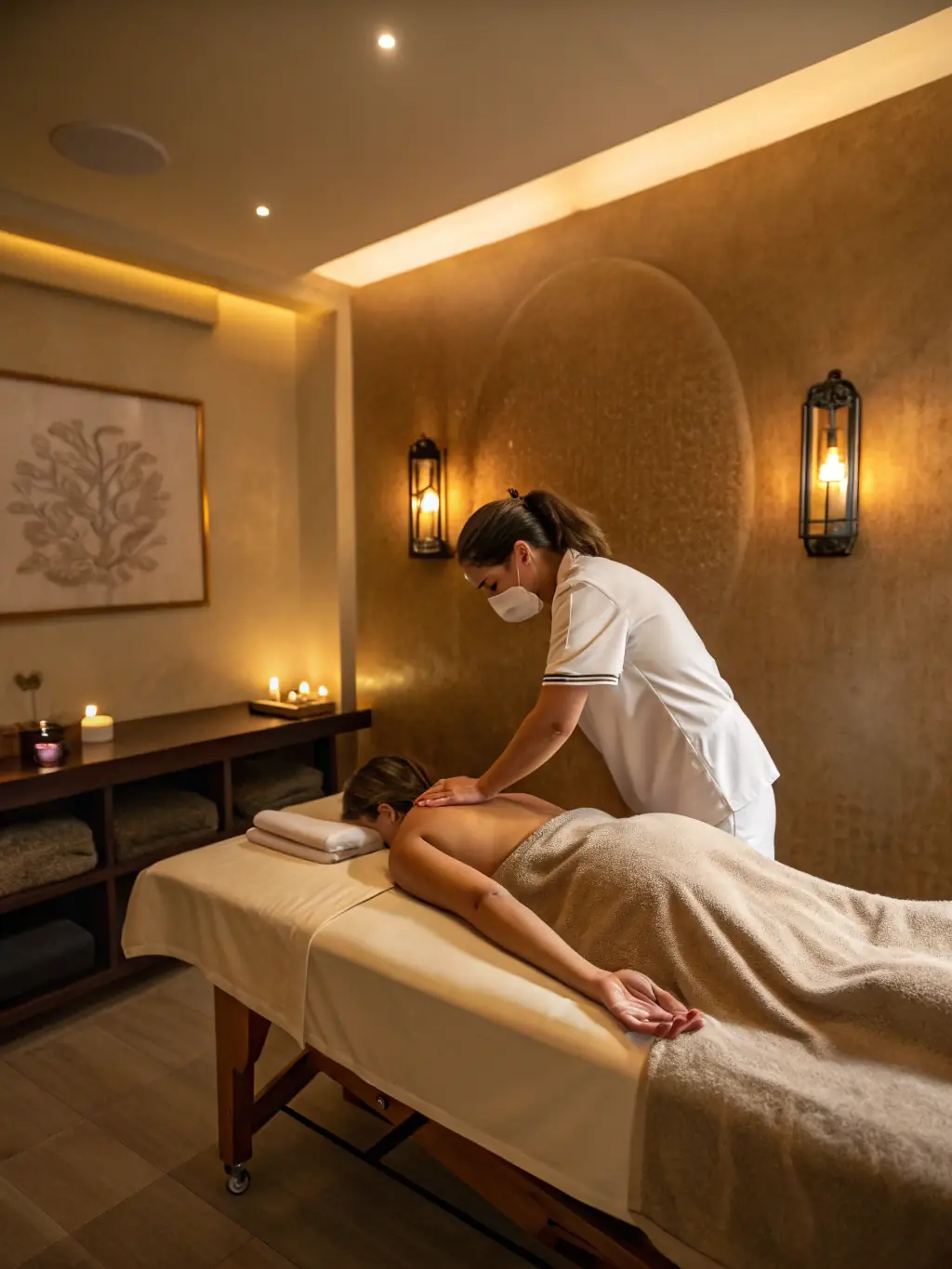 A therapist applying firm pressure on a client's back in a calm, professional setting, illustrating the Deep Tissue Massage service at Therael.