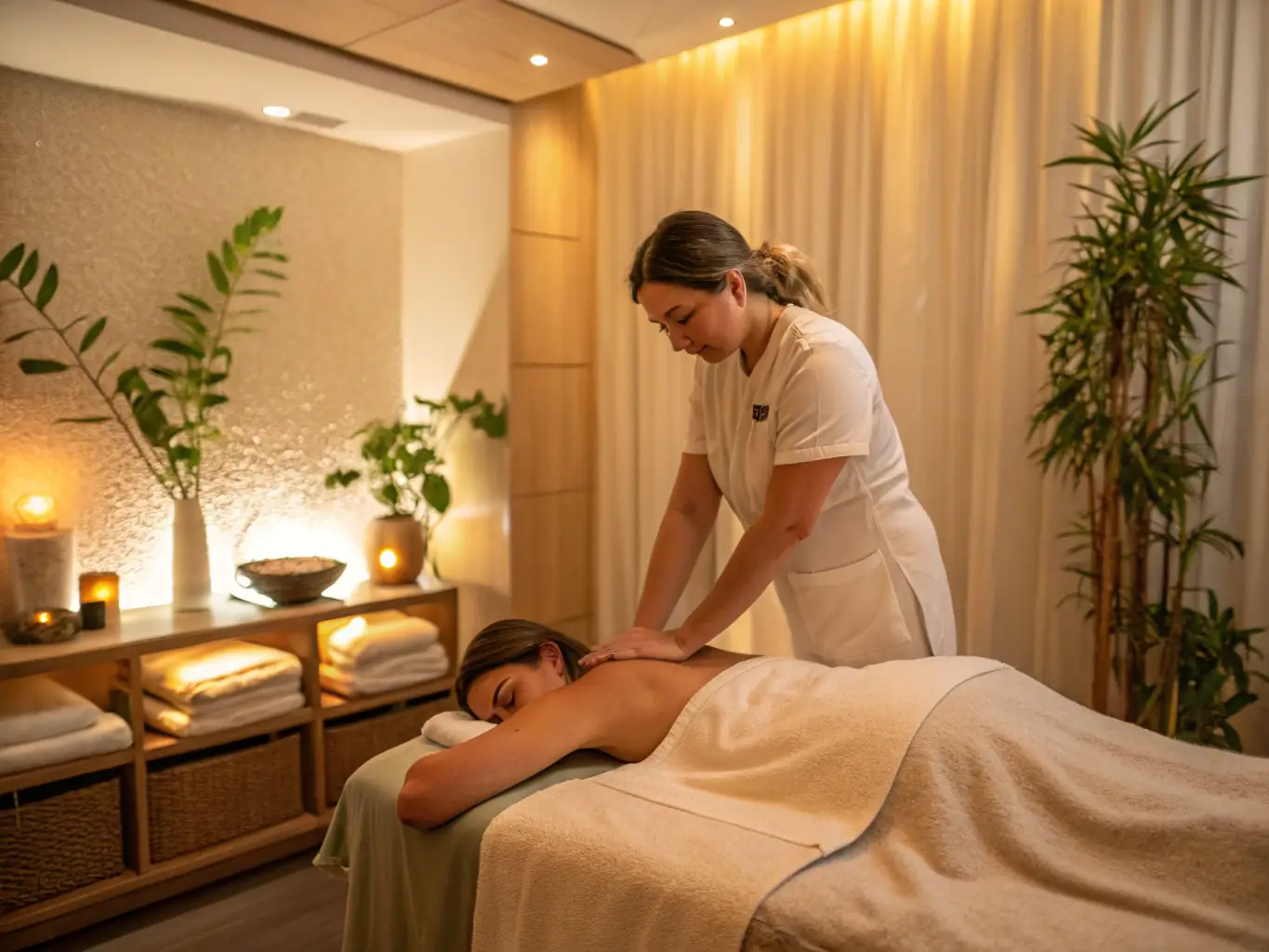 A serene image of a massage therapist performing a Swedish massage on a client in a dimly lit room with calming music playing in the background.